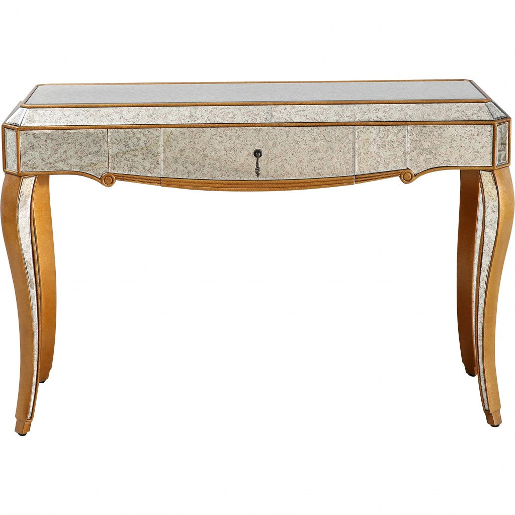 HomeRoots Antiqued Wooden Console Table in Gold Finish