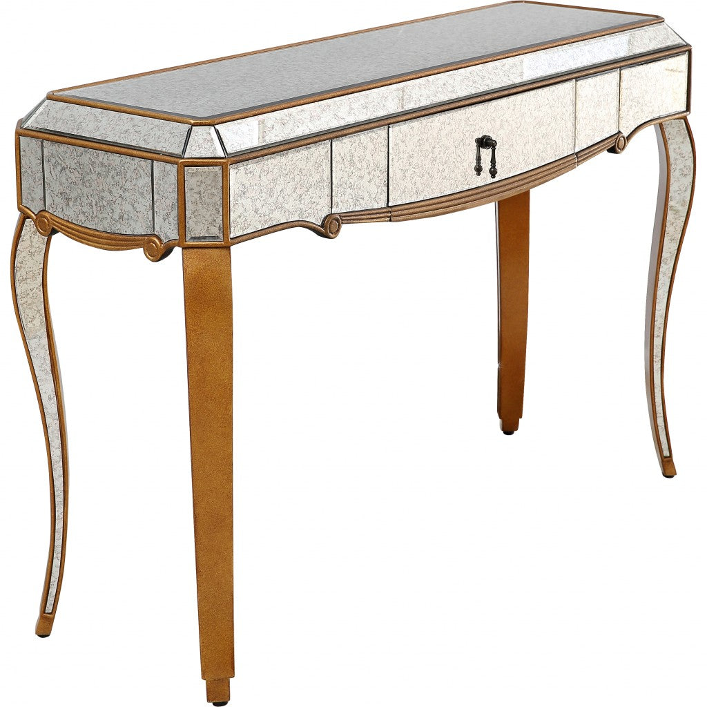 HomeRoots Antiqued Wooden Console Table in Gold Finish