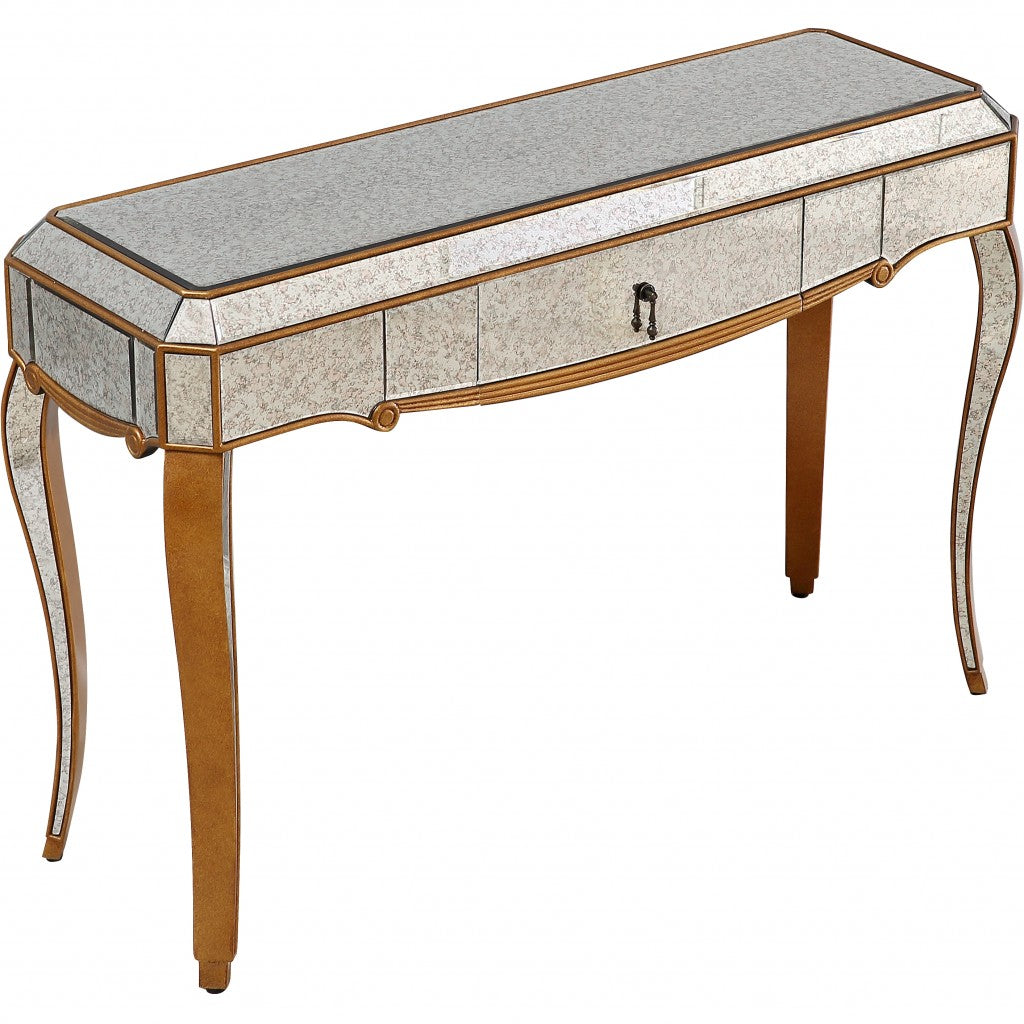 HomeRoots Antiqued Wooden Console Table in Gold Finish