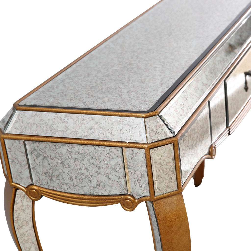 HomeRoots Antiqued Wooden Console Table in Gold Finish