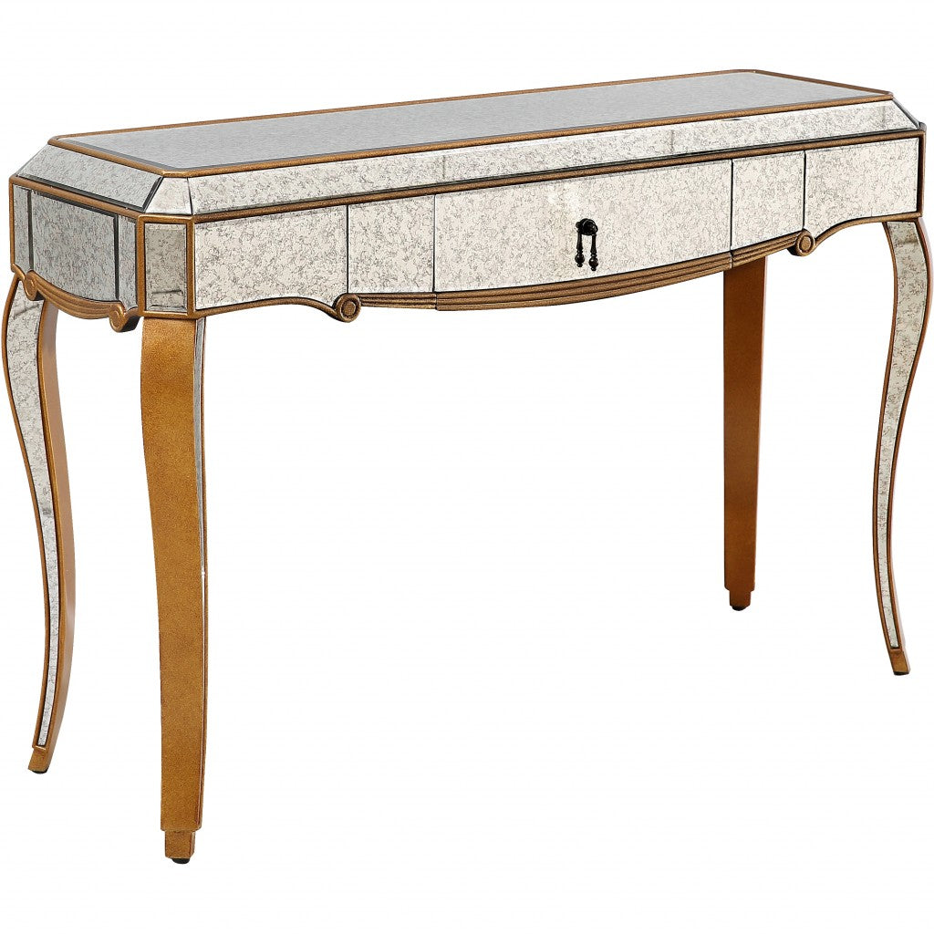 HomeRoots Antiqued Wooden Console Table in Gold Finish