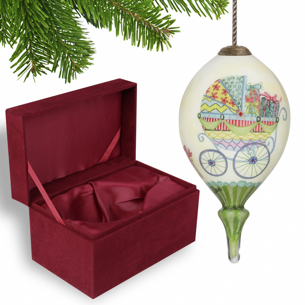 HomeRoots Baby Carriage with Presents Hand Painted Mouth Blown Glass Ornament