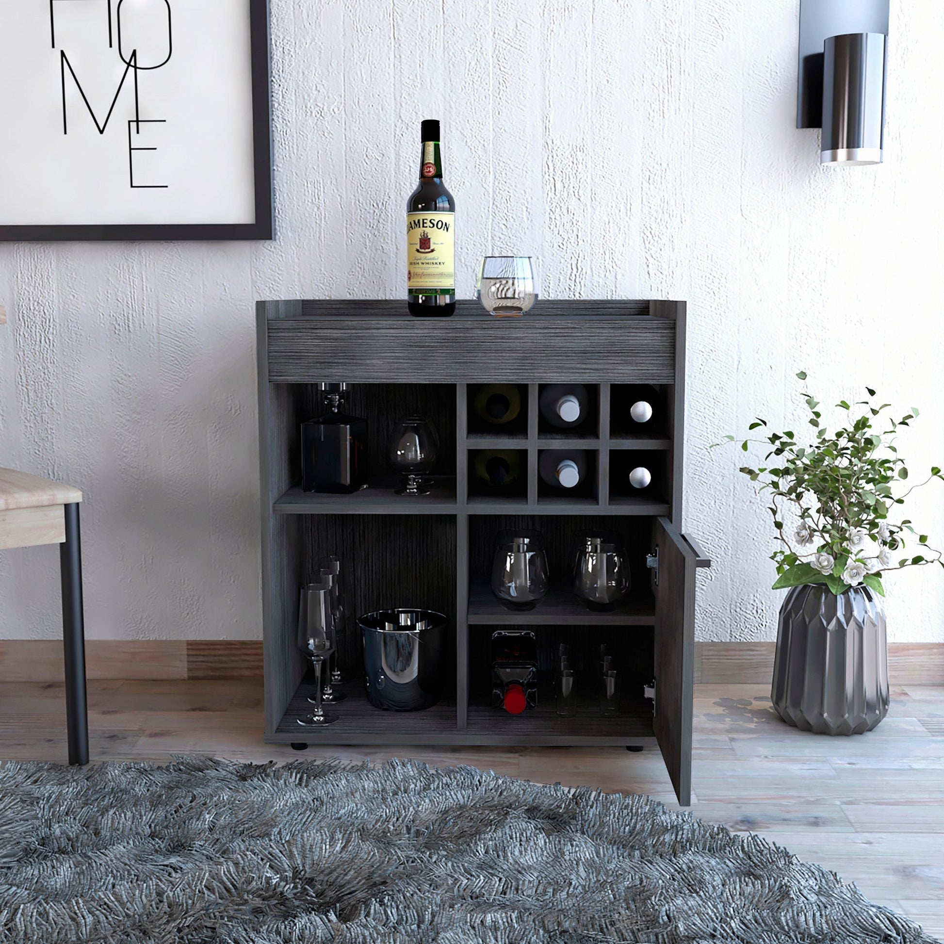HomeRoots Bar Cabinet With One Door Panel in Smokey Oak Finish