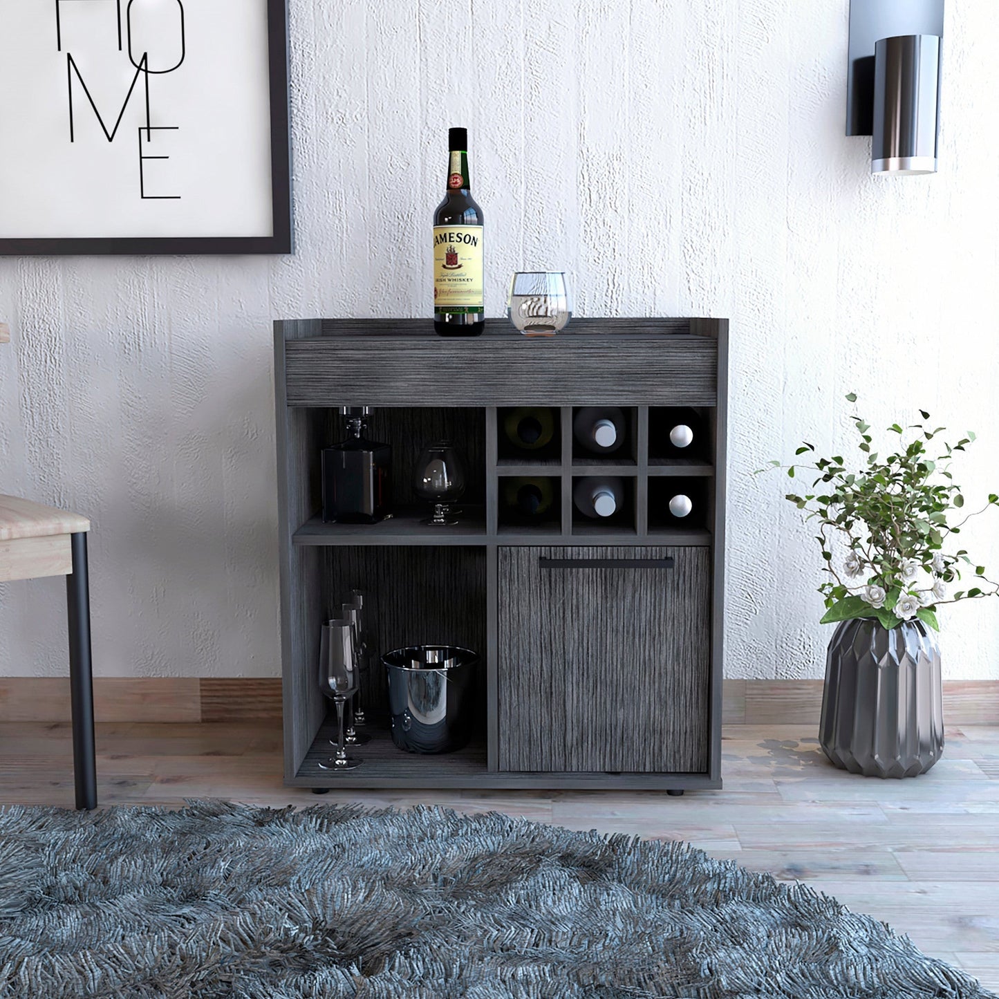 HomeRoots Bar Cabinet With One Door Panel in Smokey Oak Finish