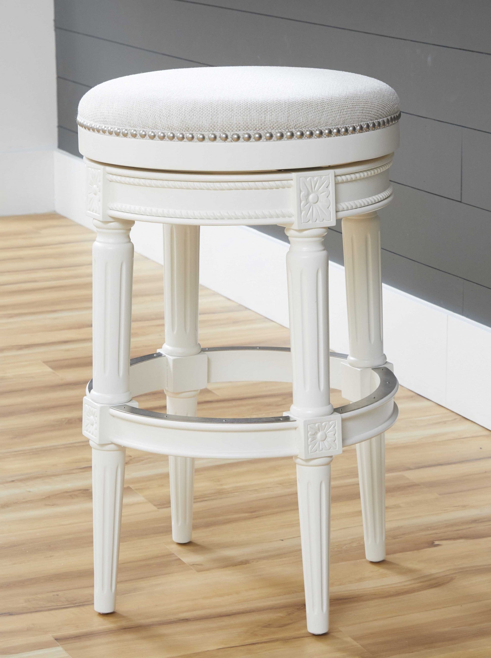 HomeRoots Bar Height Round Backless Stool With White Fabric Finish