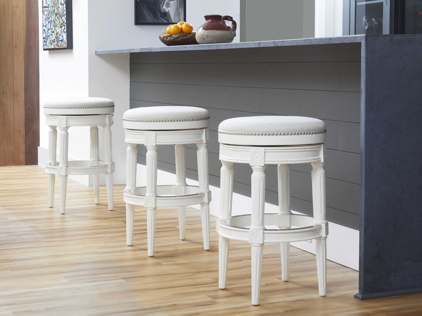 HomeRoots Bar Height Round Backless Stool With White Fabric Finish