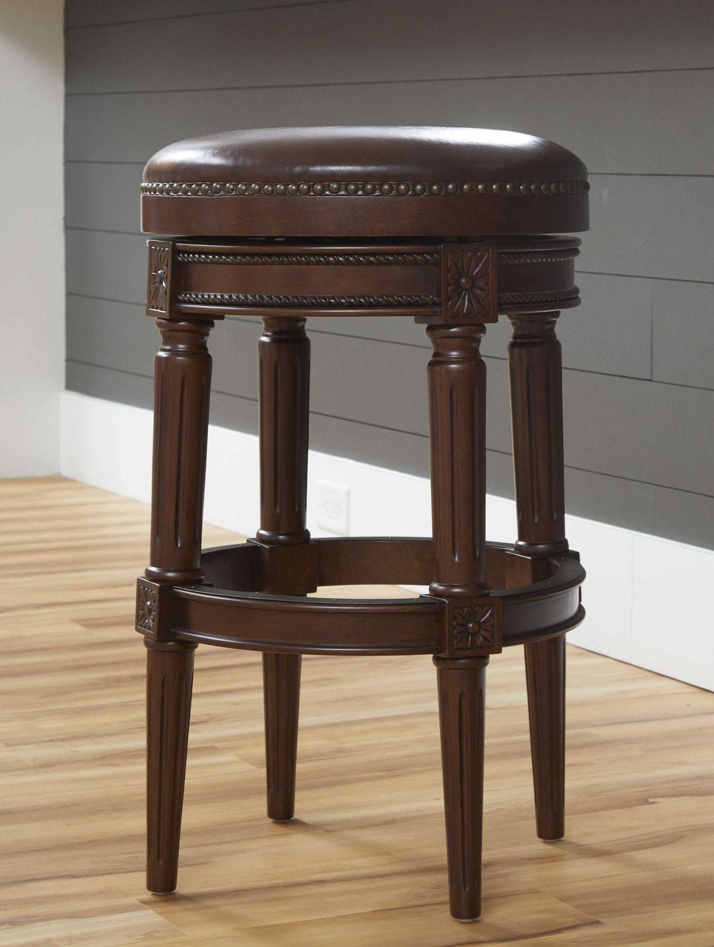 HomeRoots Bar Height Round Stool With Distressed Walnut Finish