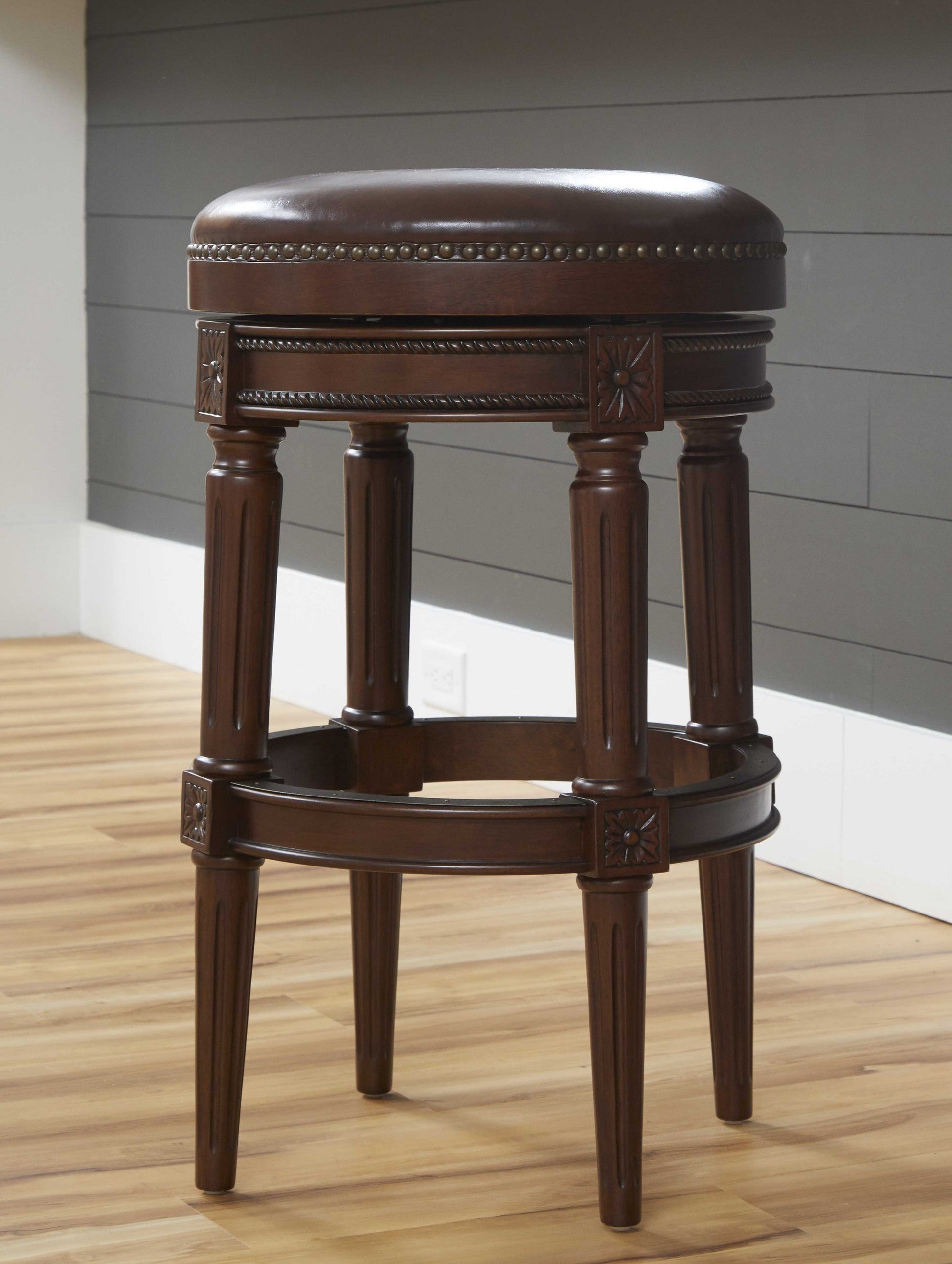 HomeRoots Bar Height Round Stool With Distressed Walnut Finish