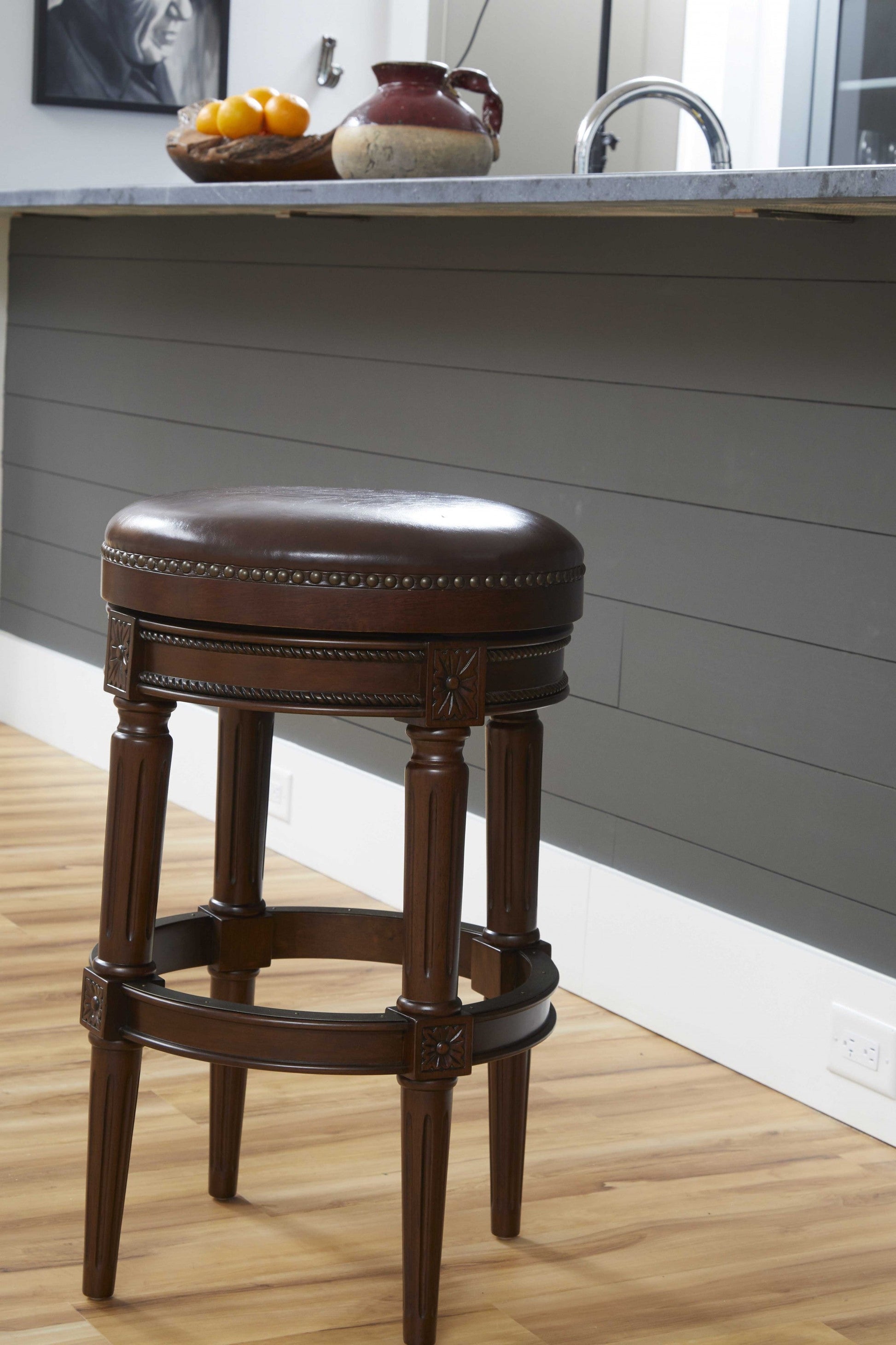 HomeRoots Bar Height Round Stool With Distressed Walnut Finish