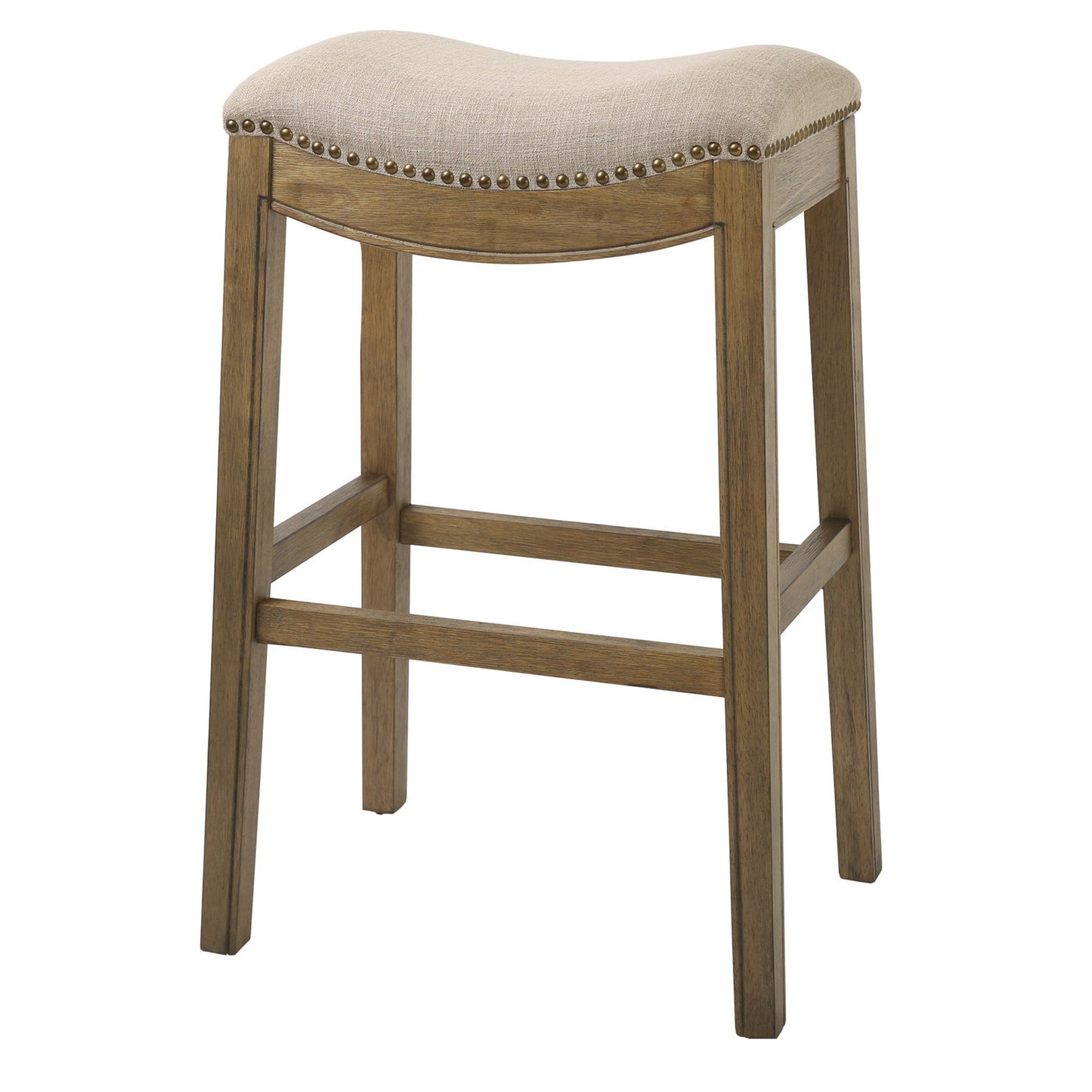 HomeRoots Bar Height Saddle Style Counter Stool With Cream Fabric And Nail Head Trim
