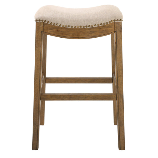 HomeRoots Bar Height Saddle Style Counter Stool With Cream Fabric And Nail Head Trim
