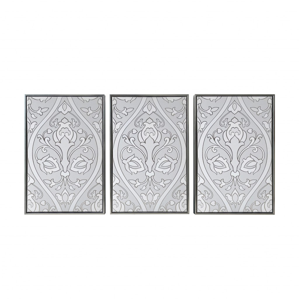 HomeRoots Baroque Inspired Triptych Silver Framed Canvas Wall Art Set