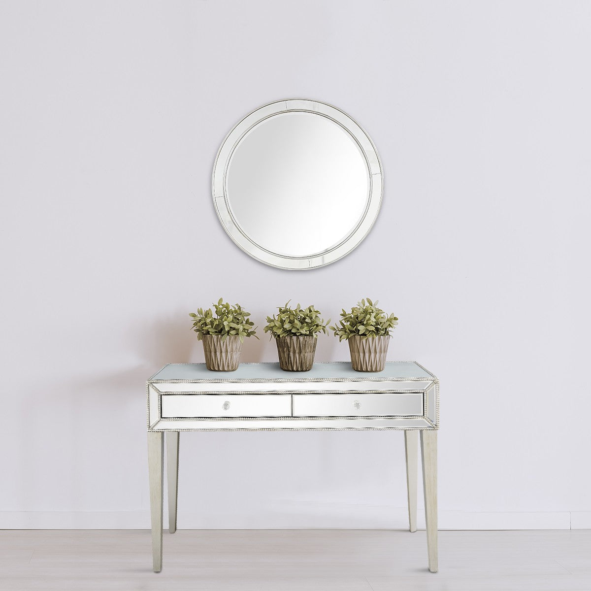 HomeRoots Beaded Mirror and Console Table in Silver Finish