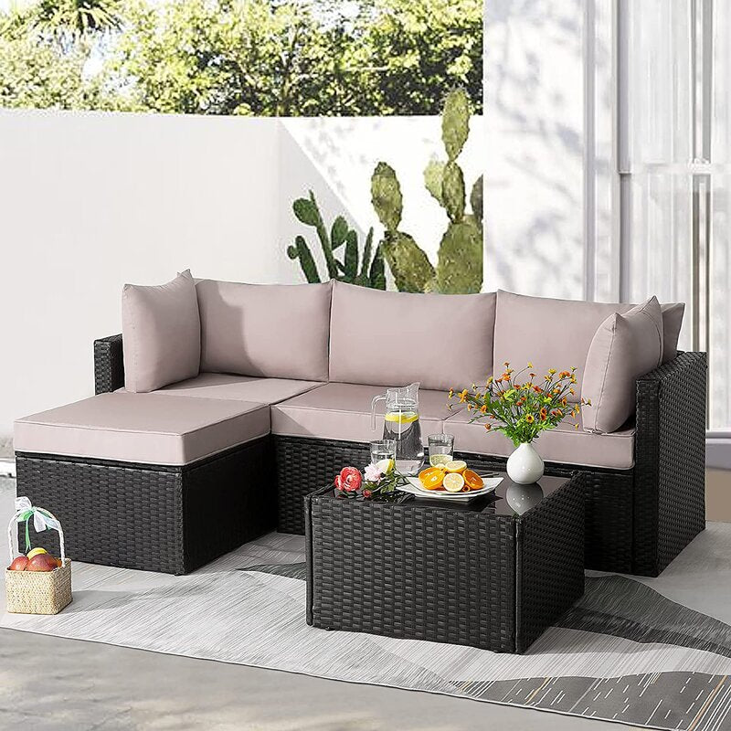 HomeRoots Beige and Brown Wicker L Shape Three Piece Sofa Set
