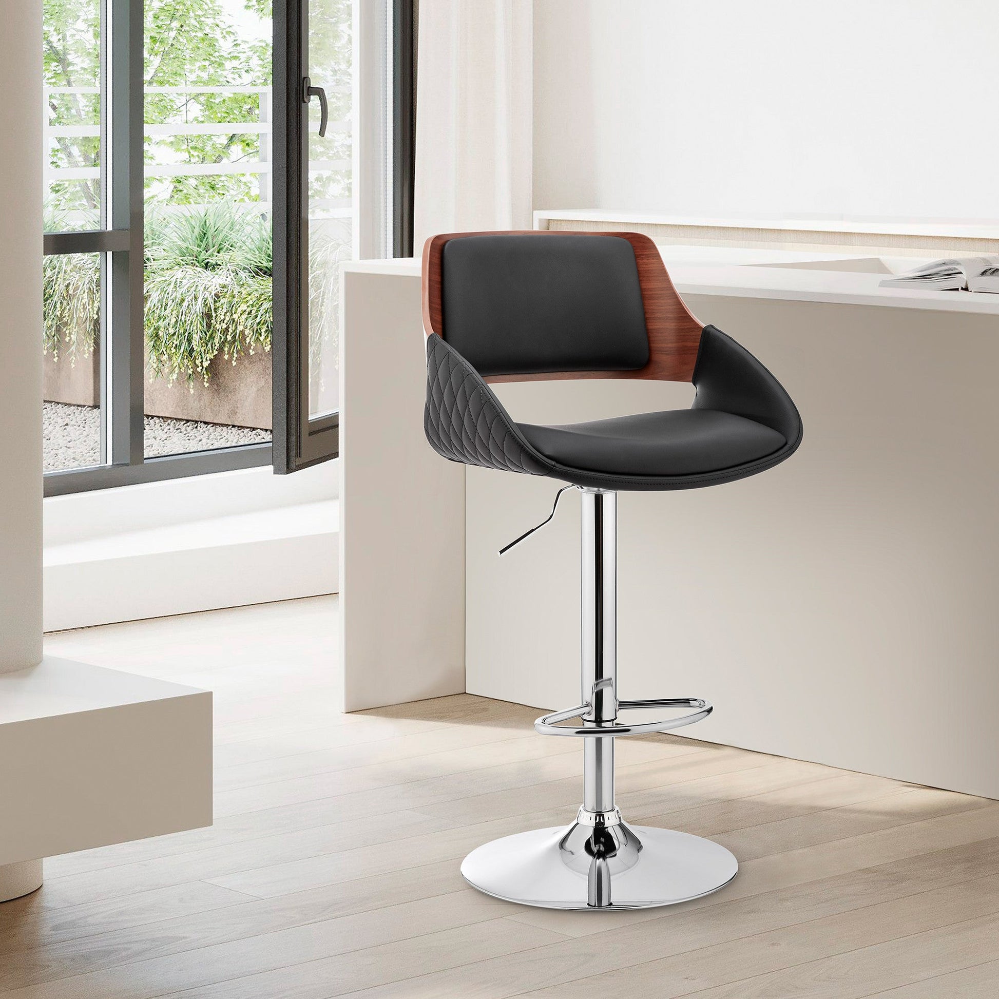 HomeRoots Black Faux Leather Adjustable Chrome Swivel Bar Stool