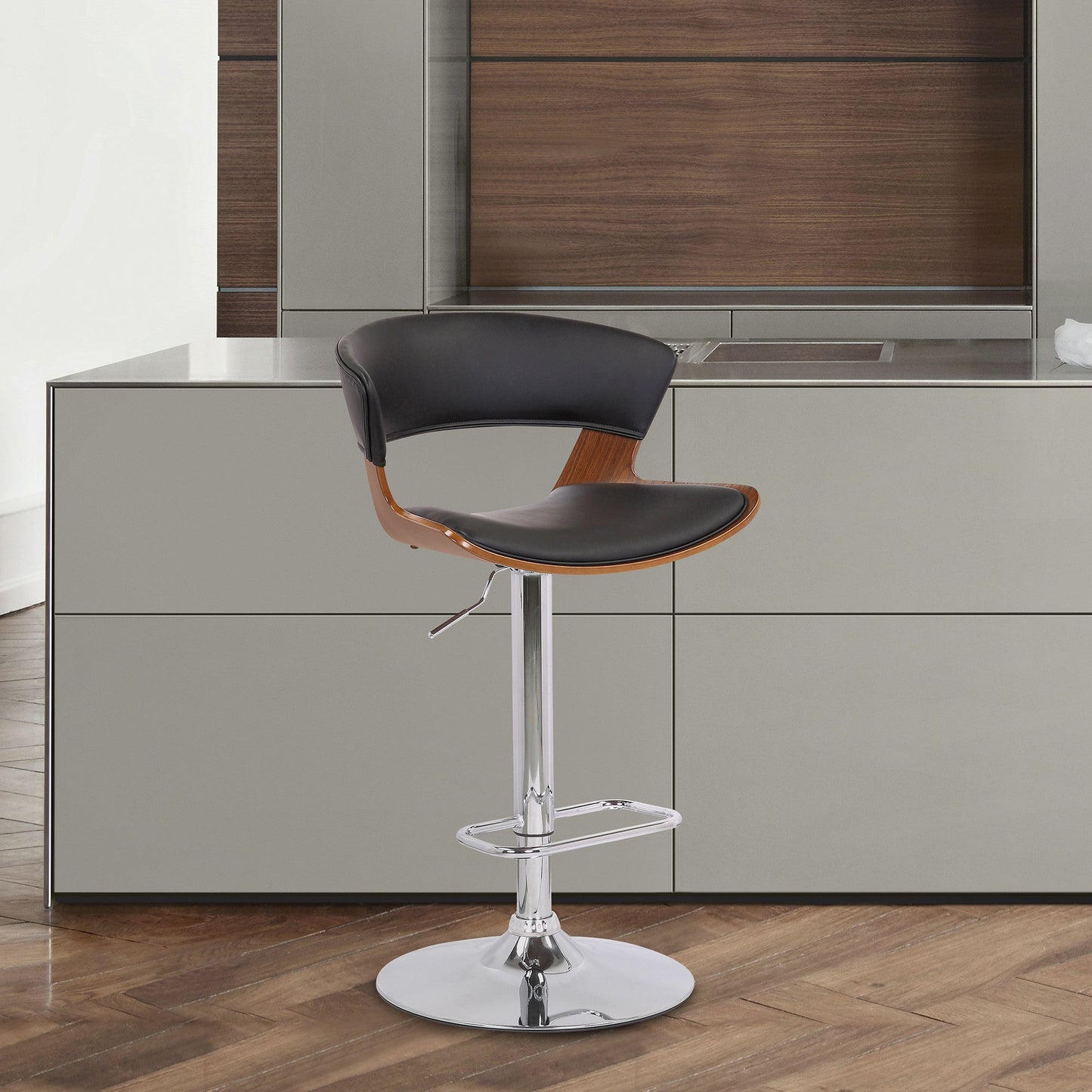 HomeRoots Black Faux Leather Adjustable Swivel Wooden Bar Stool