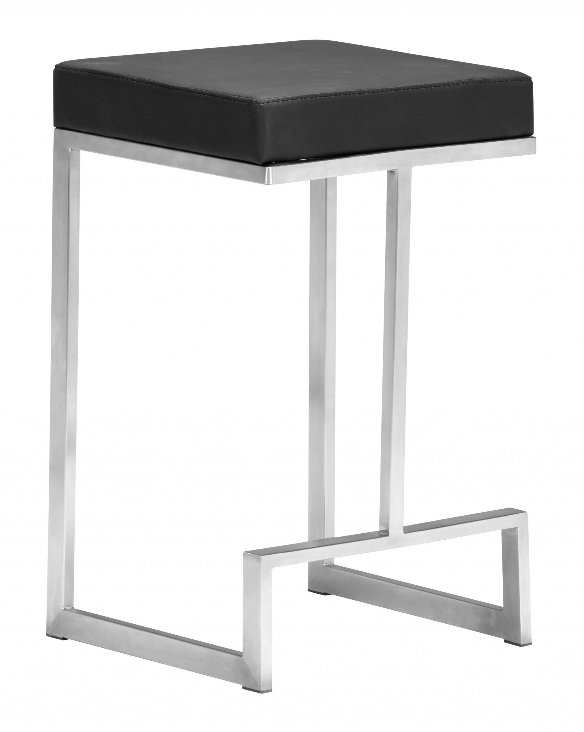 HomeRoots Black Faux Leather And Stainless Geometric Backless Counter Stools in Set of 2