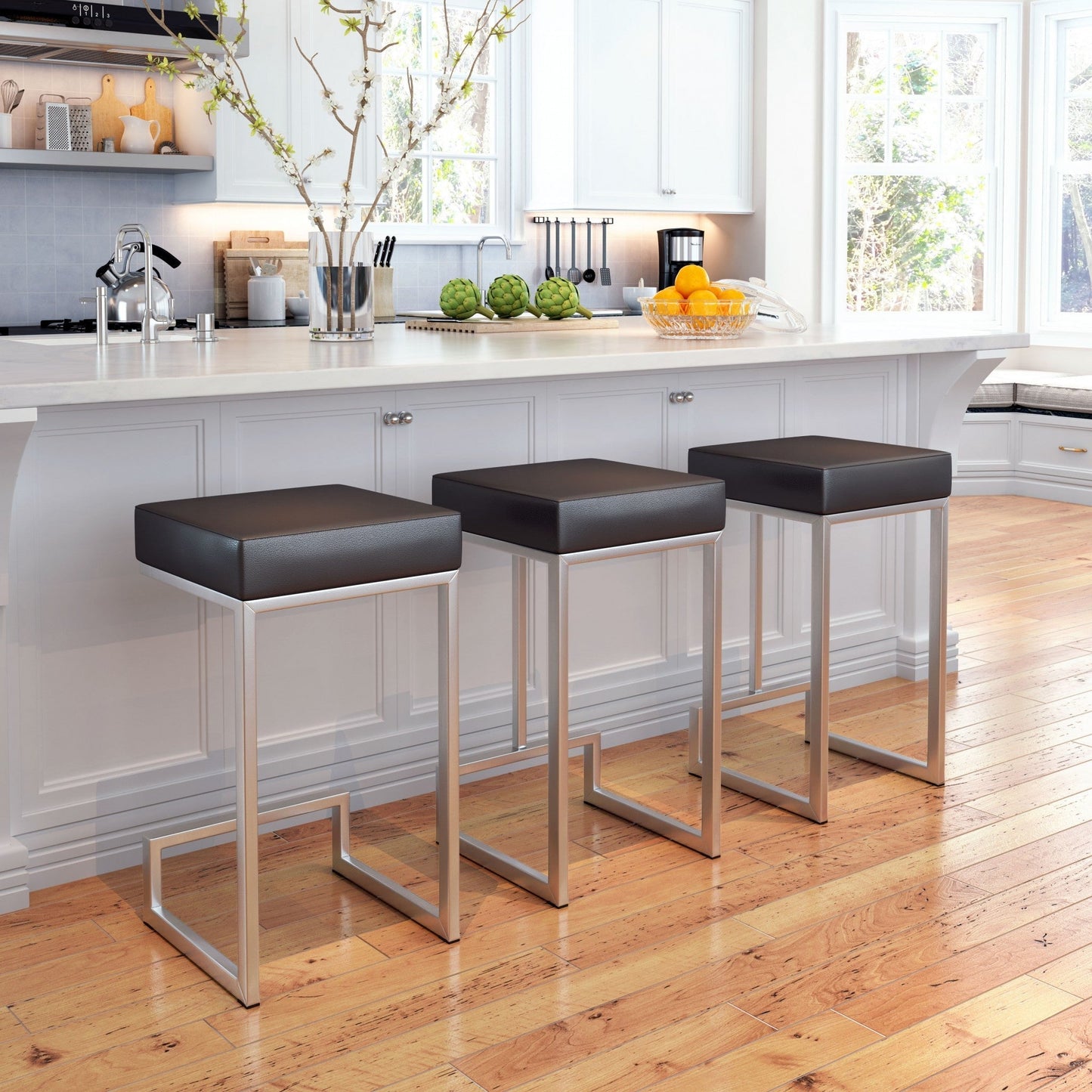 HomeRoots Black Faux Leather And Stainless Geometric Backless Counter Stools in Set of 2