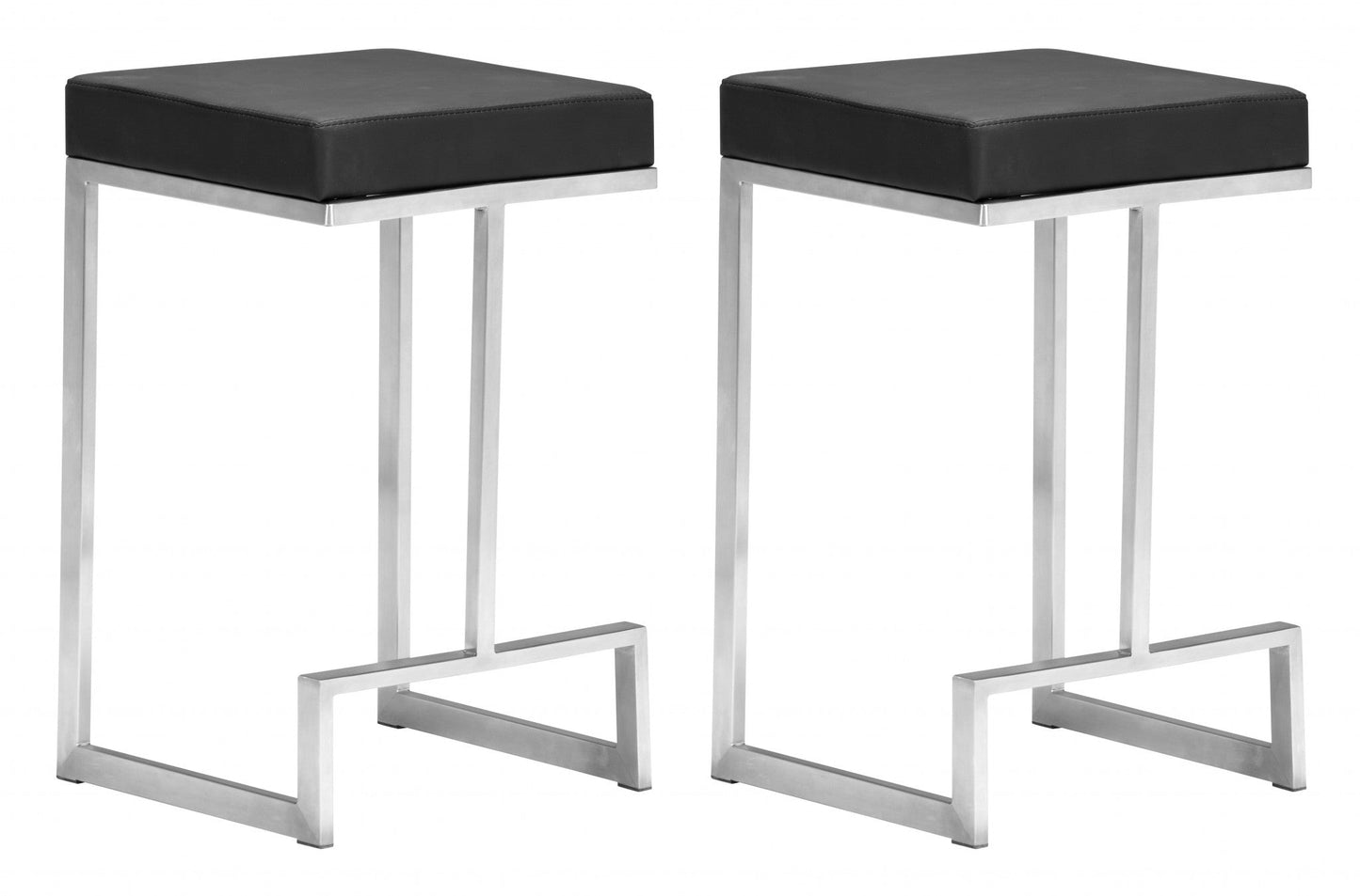 HomeRoots Black Faux Leather And Stainless Geometric Backless Counter Stools in Set of 2
