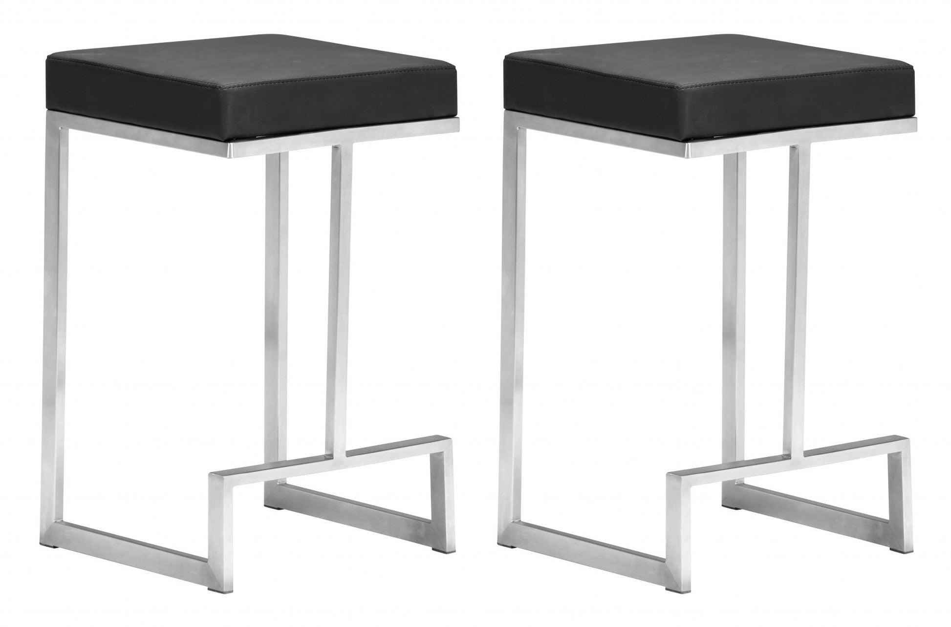 HomeRoots Black Faux Leather And Stainless Geometric Backless Counter Stools in Set of 2