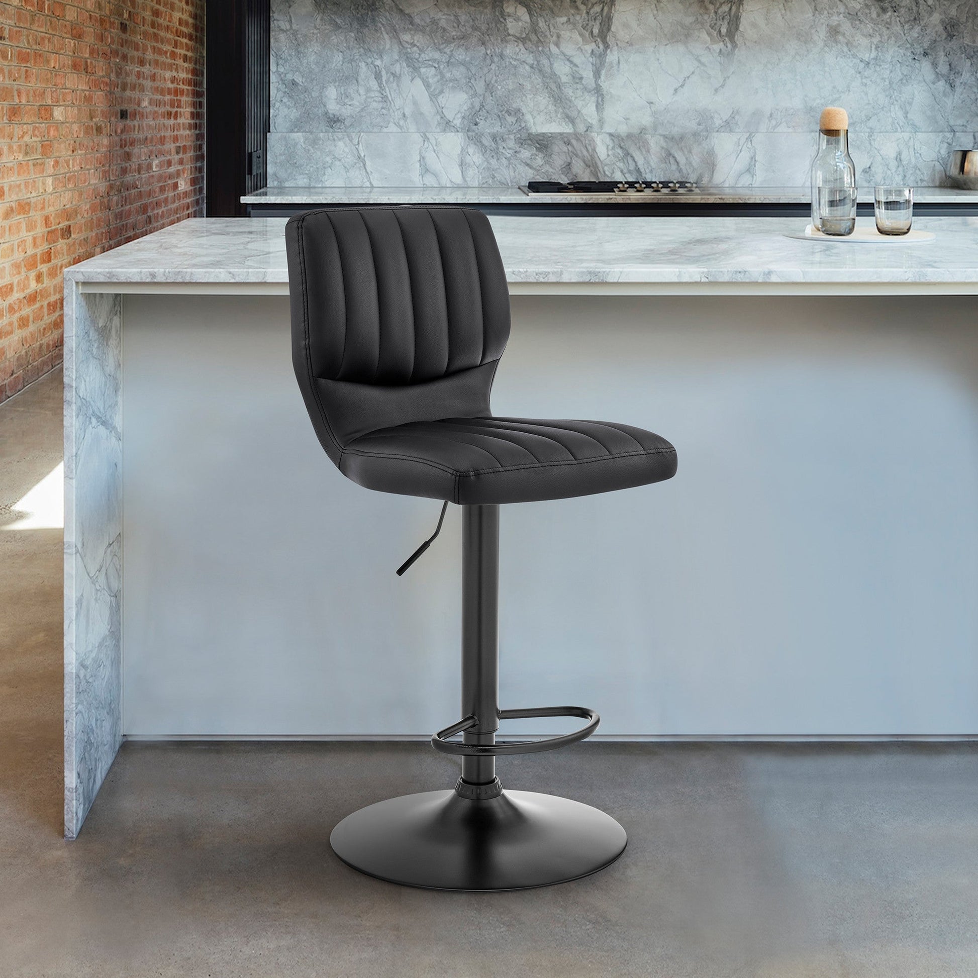 HomeRoots Black Faux Leather Textured Adjustable Bar Stool