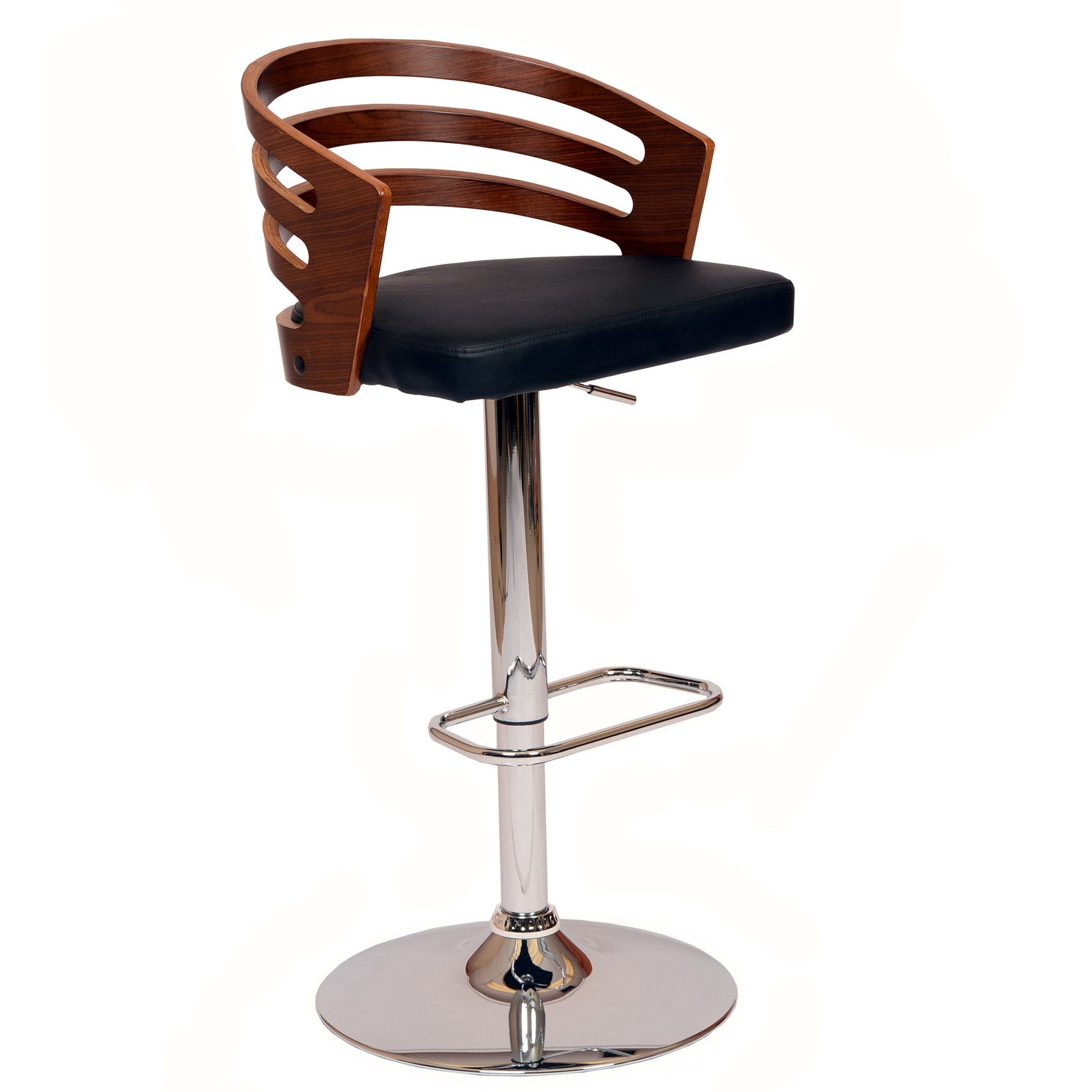 HomeRoots Black Faux Leather Walnut and Chrome Adjustable Swivel Bar Stool