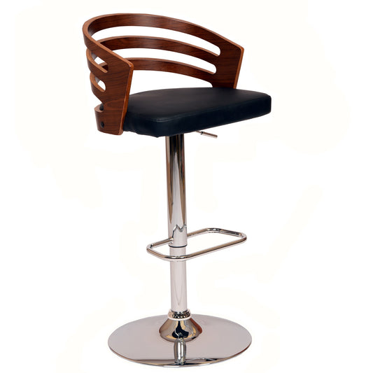 HomeRoots Black Faux Leather Walnut and Chrome Adjustable Swivel Bar Stool