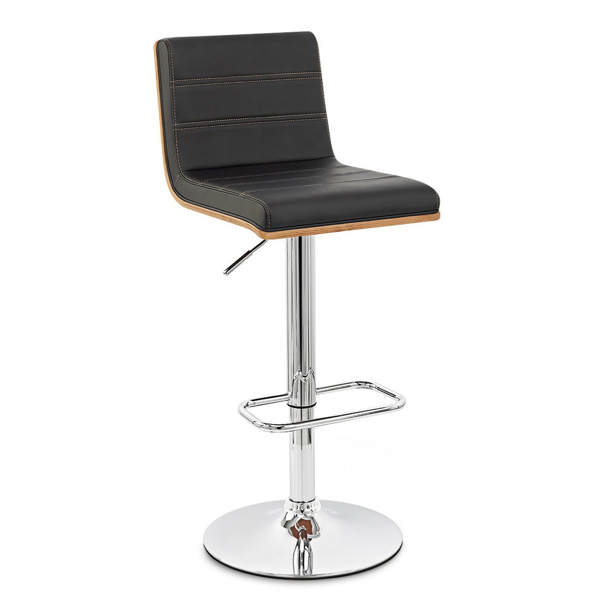 HomeRoots Black Faux Leather Walnut and Chrome Adjustable Swivel Bar Stool