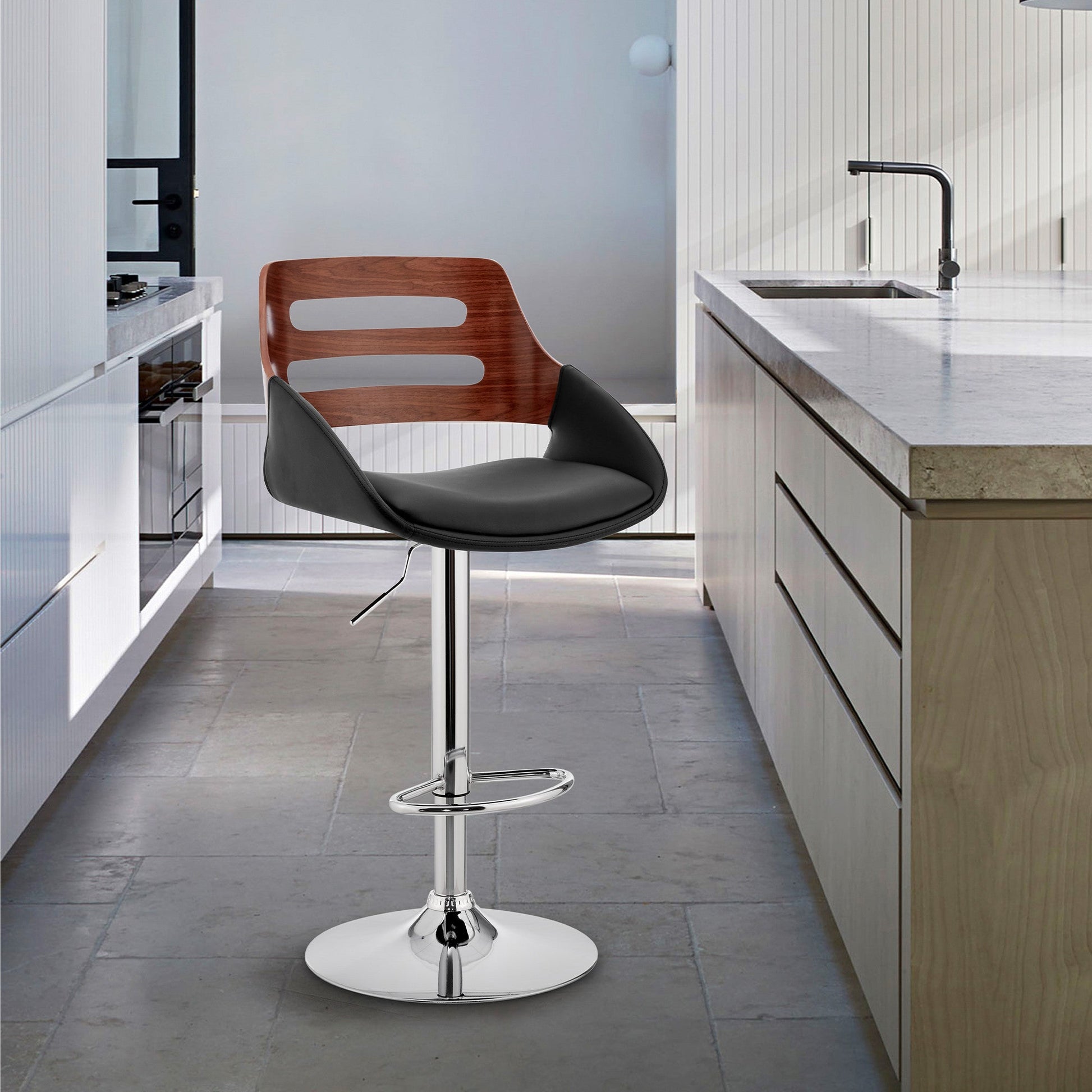 HomeRoots Black Faux Leather and Walnut Wood Adjustable Bar Stool