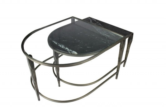 HomeRoots Black Marble Top and Glass Coffee Tables in Set of 2