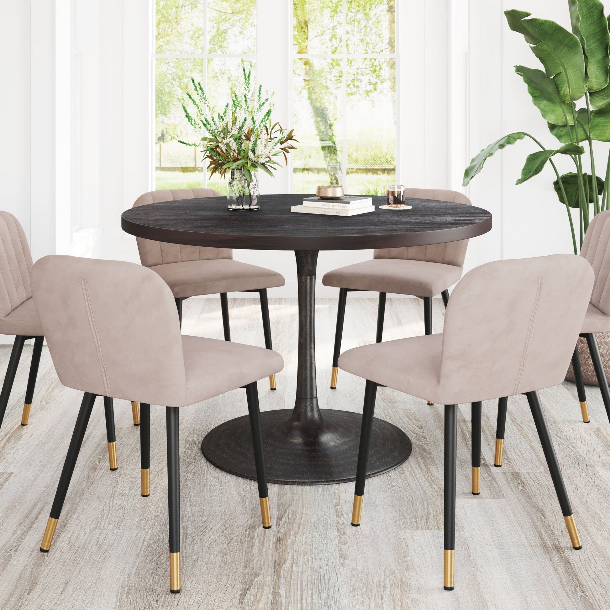 HomeRoots Black Solid Wood Round Pedestal Dining Table