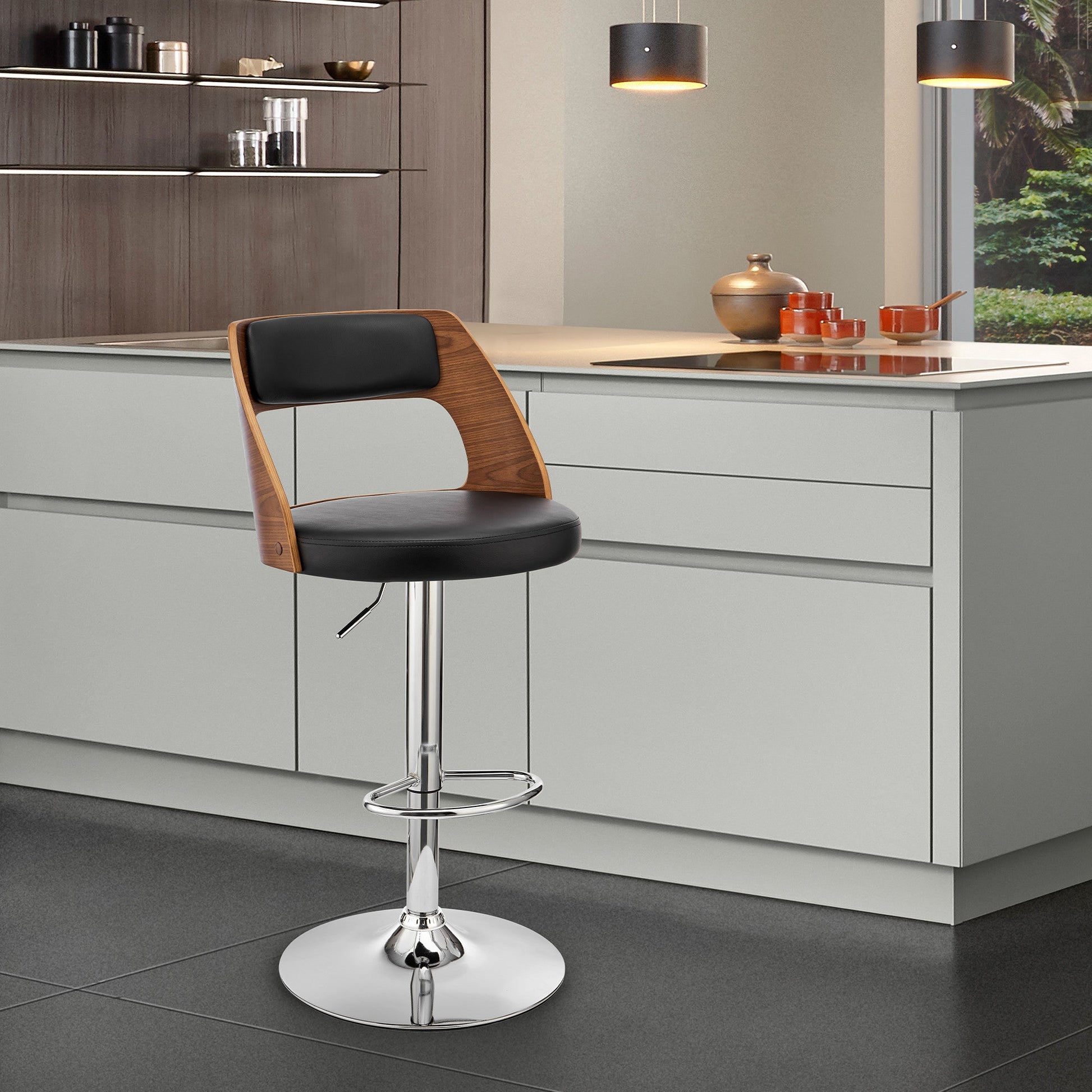 HomeRoots Black Upholstered Chrome Base Adjustable Swivel Bar Stool