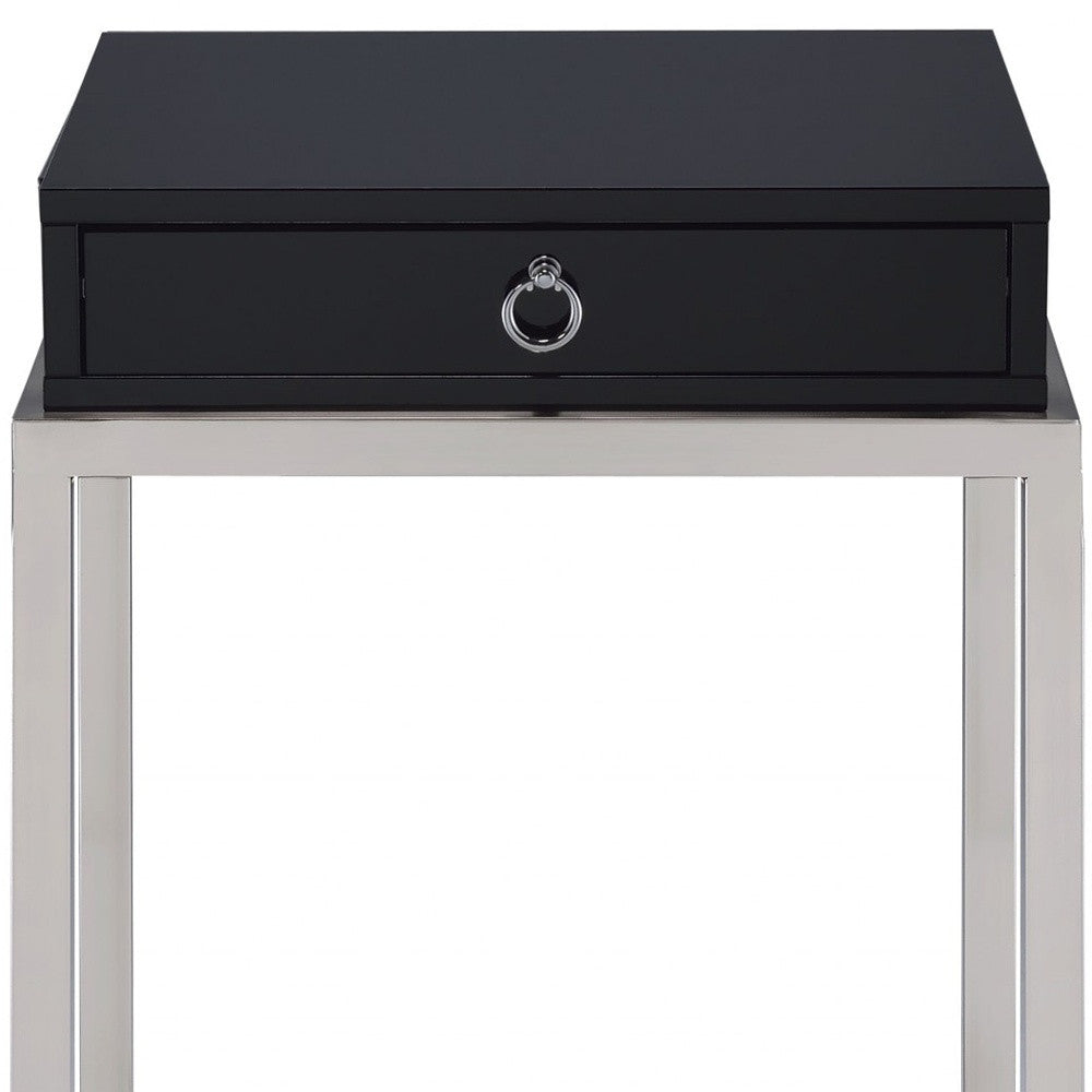 HomeRoots Black and Chrome End Table With Ring Pull Drawer