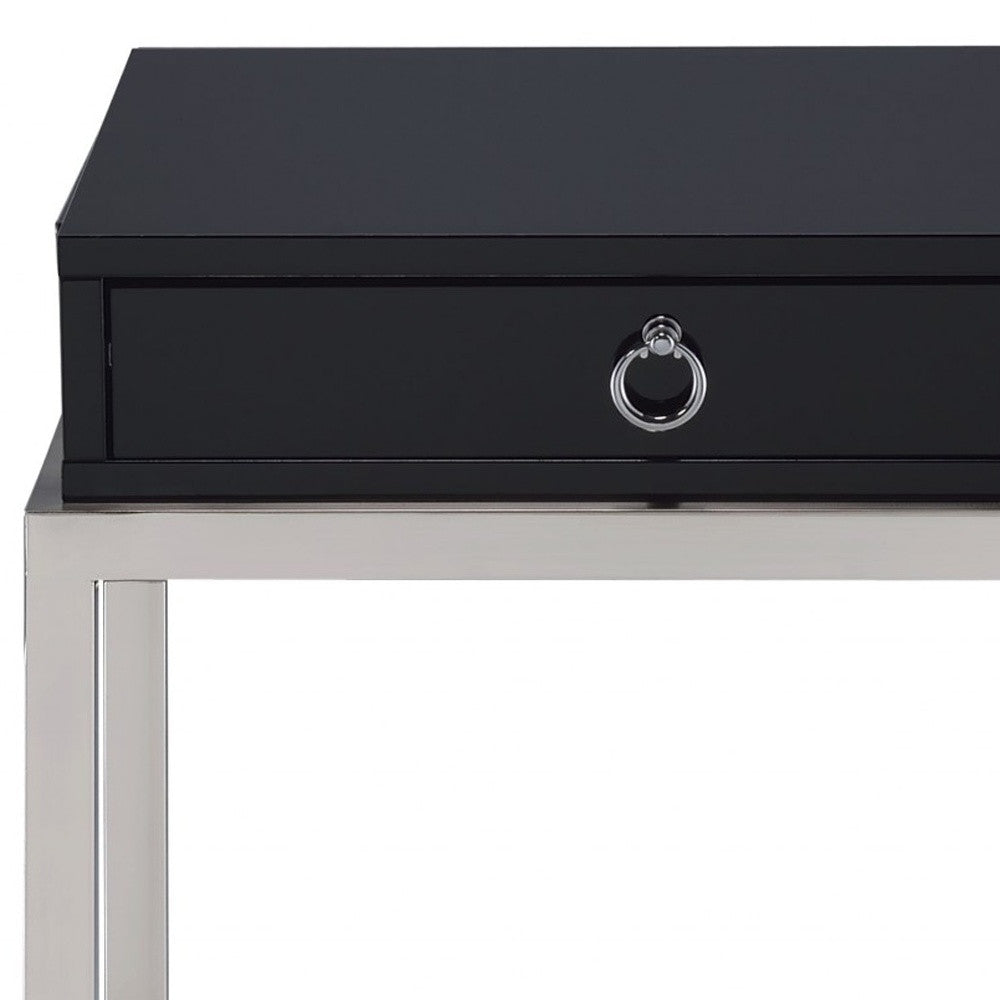HomeRoots Black and Chrome End Table With Ring Pull Drawer