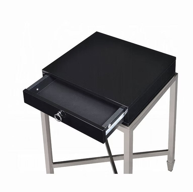HomeRoots Black and Chrome End Table With Ring Pull Drawer