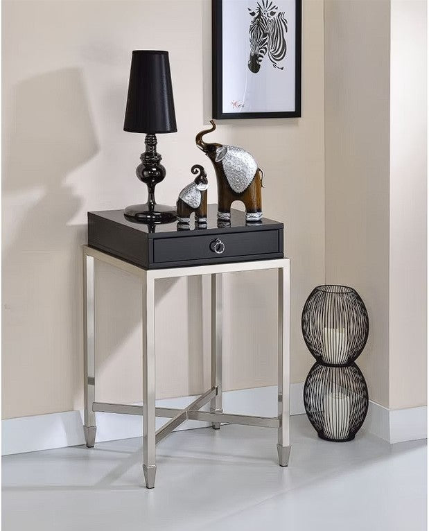 HomeRoots Black and Chrome End Table With Ring Pull Drawer