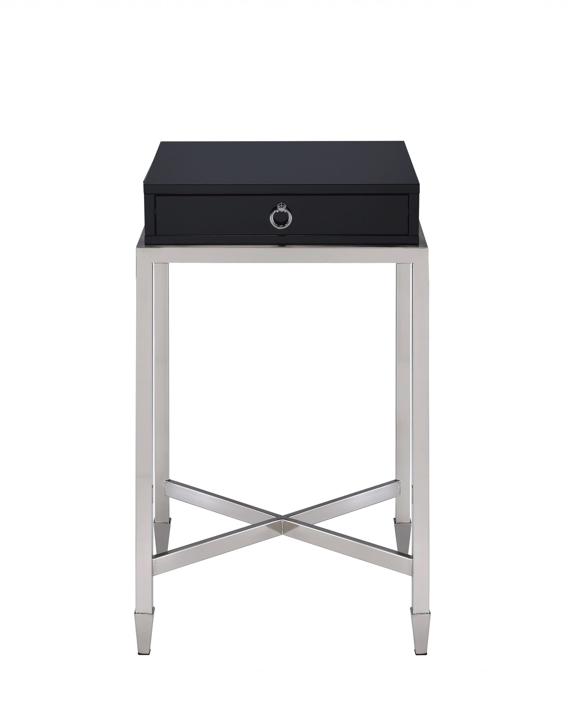 HomeRoots Black and Chrome End Table With Ring Pull Drawer
