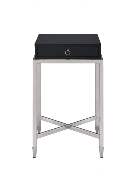 HomeRoots Black and Chrome End Table With Ring Pull Drawer