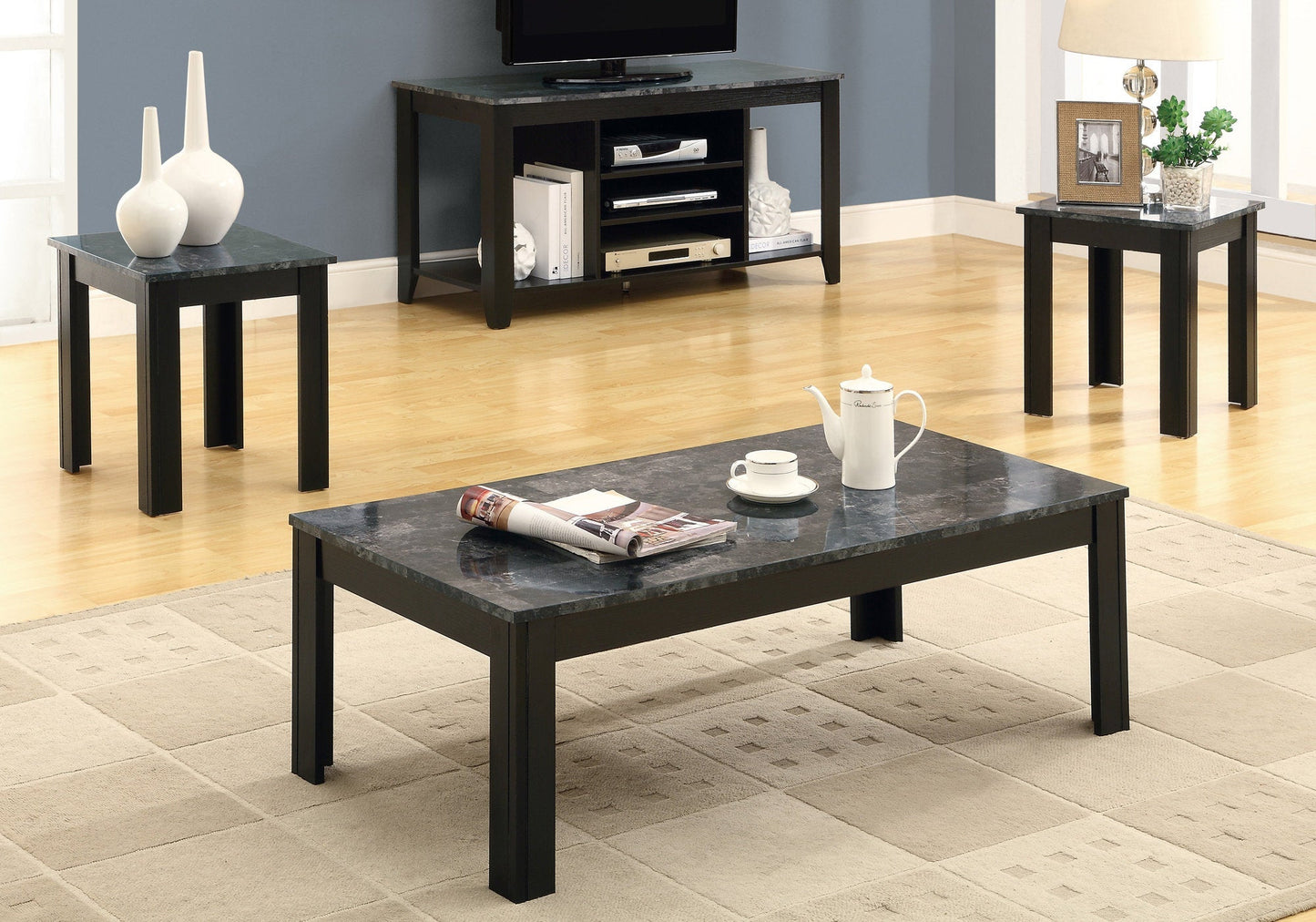 HomeRoots Black and Grey Marble-Look Top Table in Set of 3