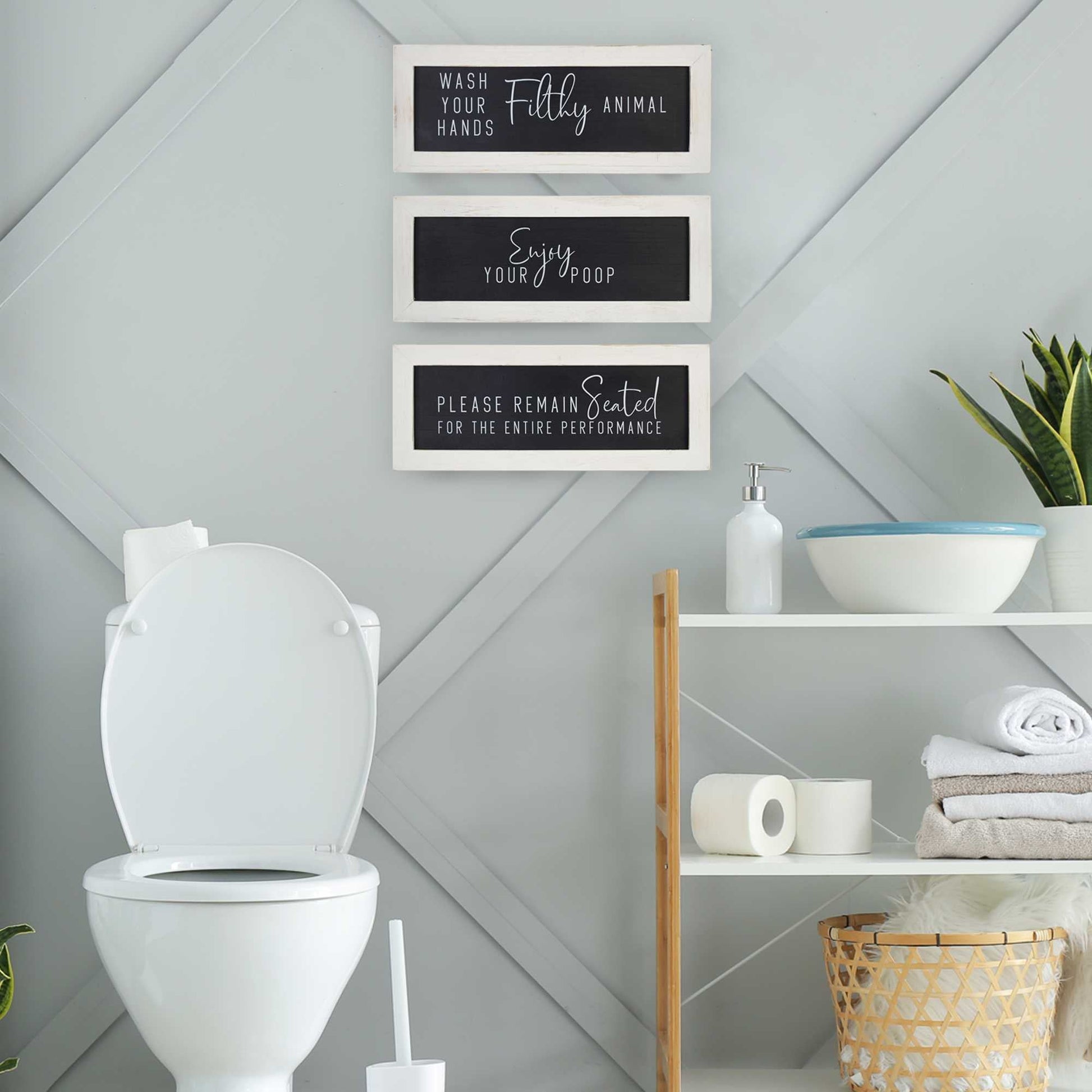 HomeRoots Black and White Set of 3 Framed Bathroom Humor Wall Art