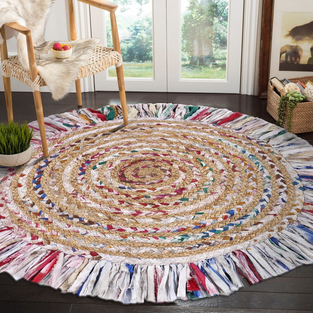 HomeRoots Bleached Multicolored Chindi and Natural Jute Fringed Round Rug