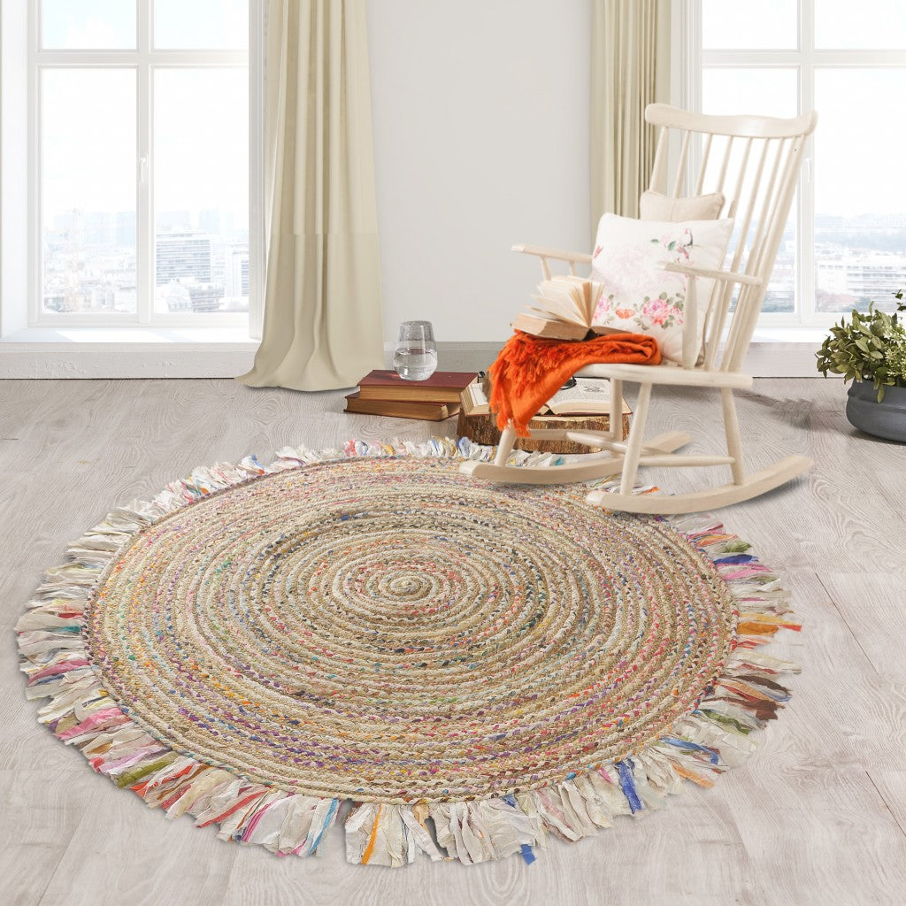 HomeRoots Bleached Multicolored Chindi and Natural Jute Fringed Round Rug