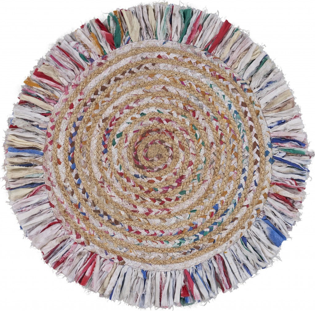 HomeRoots Bleached Multicolored Chindi and Natural Jute Fringed Round Rug