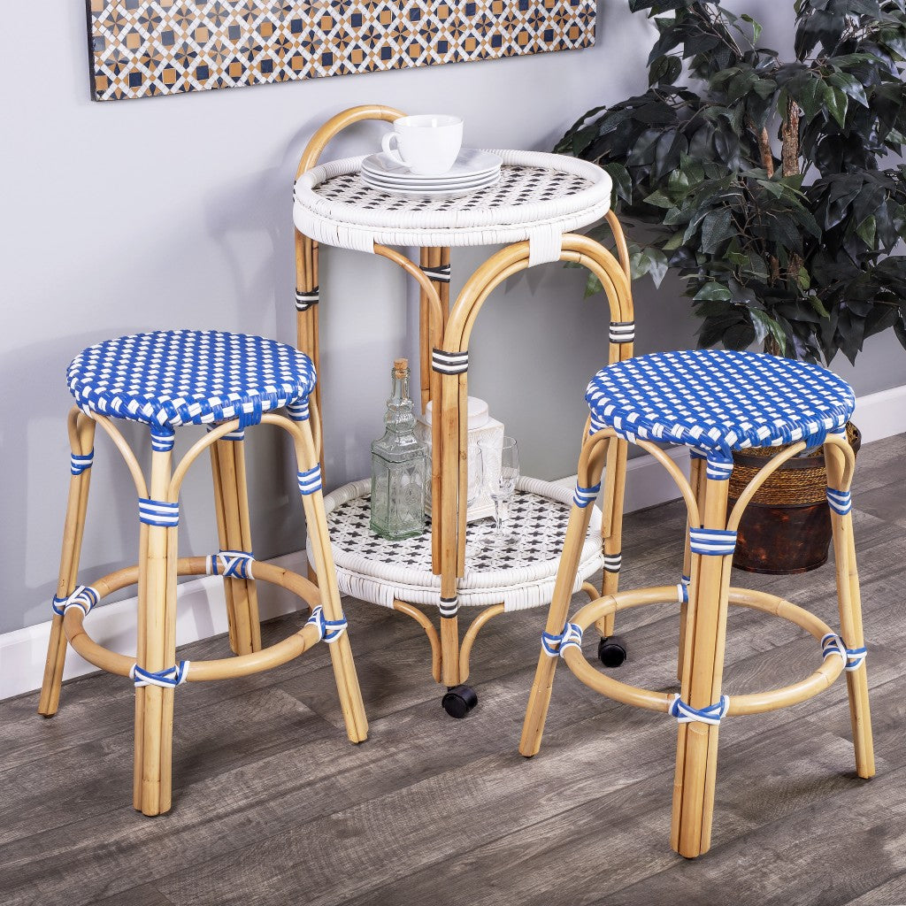 HomeRoots Blue And White Rattan Counter Stool