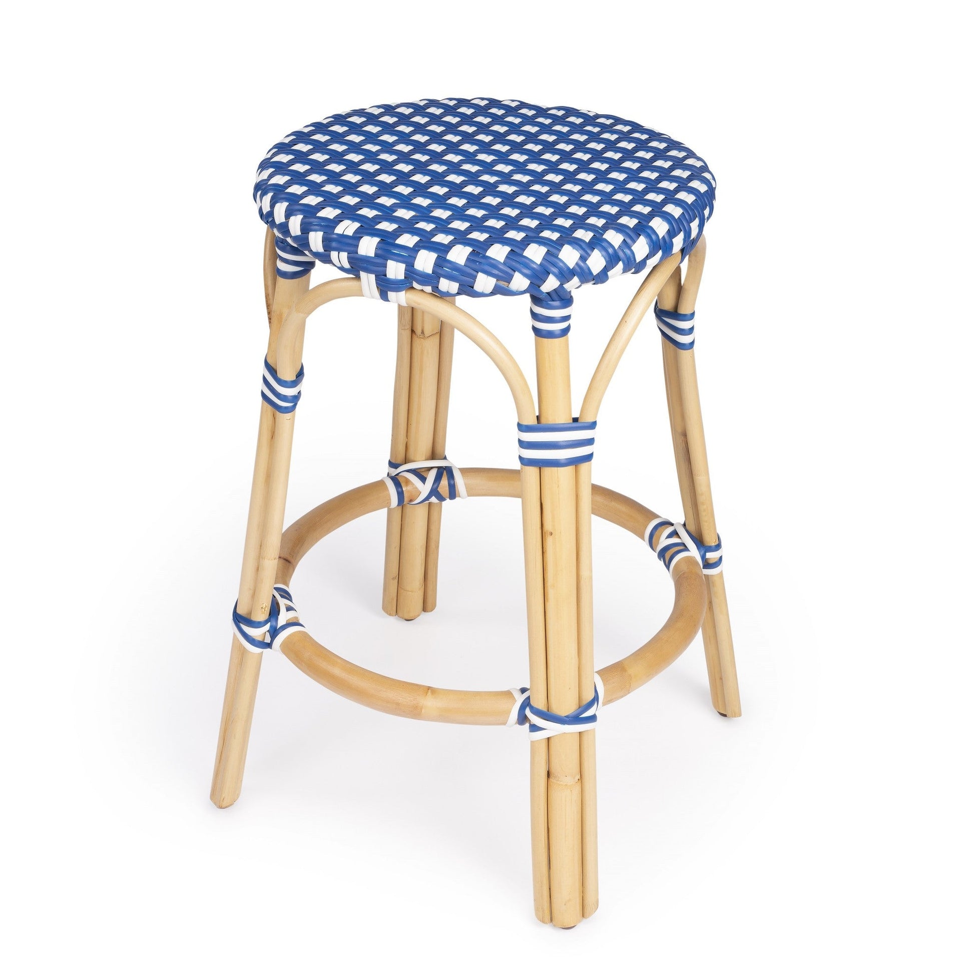 HomeRoots Blue And White Rattan Counter Stool