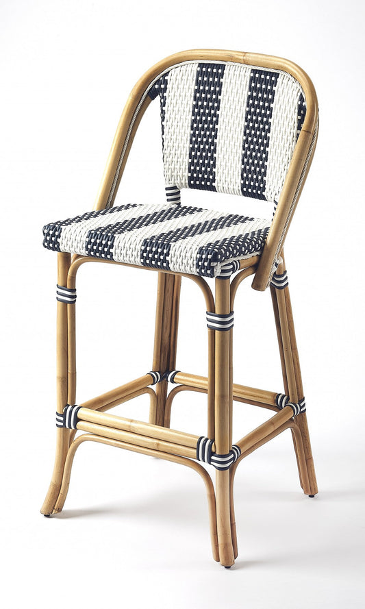HomeRoots Blue And White Striped Rattan Bar Stool