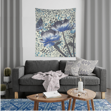HomeRoots Blue and Grey Butterfly with Roses 80" x 68" Hanging Wall Tapestry