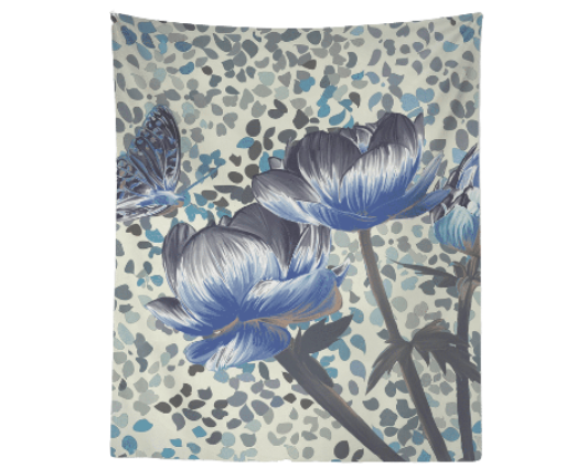 HomeRoots Blue and Grey Butterfly with Roses 80" x 68" Hanging Wall Tapestry
