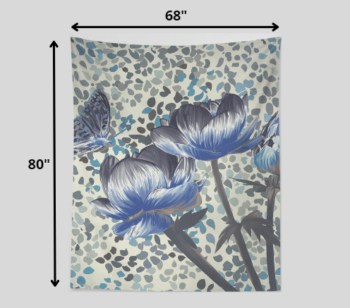 HomeRoots Blue and Grey Butterfly with Roses 80" x 68" Hanging Wall Tapestry