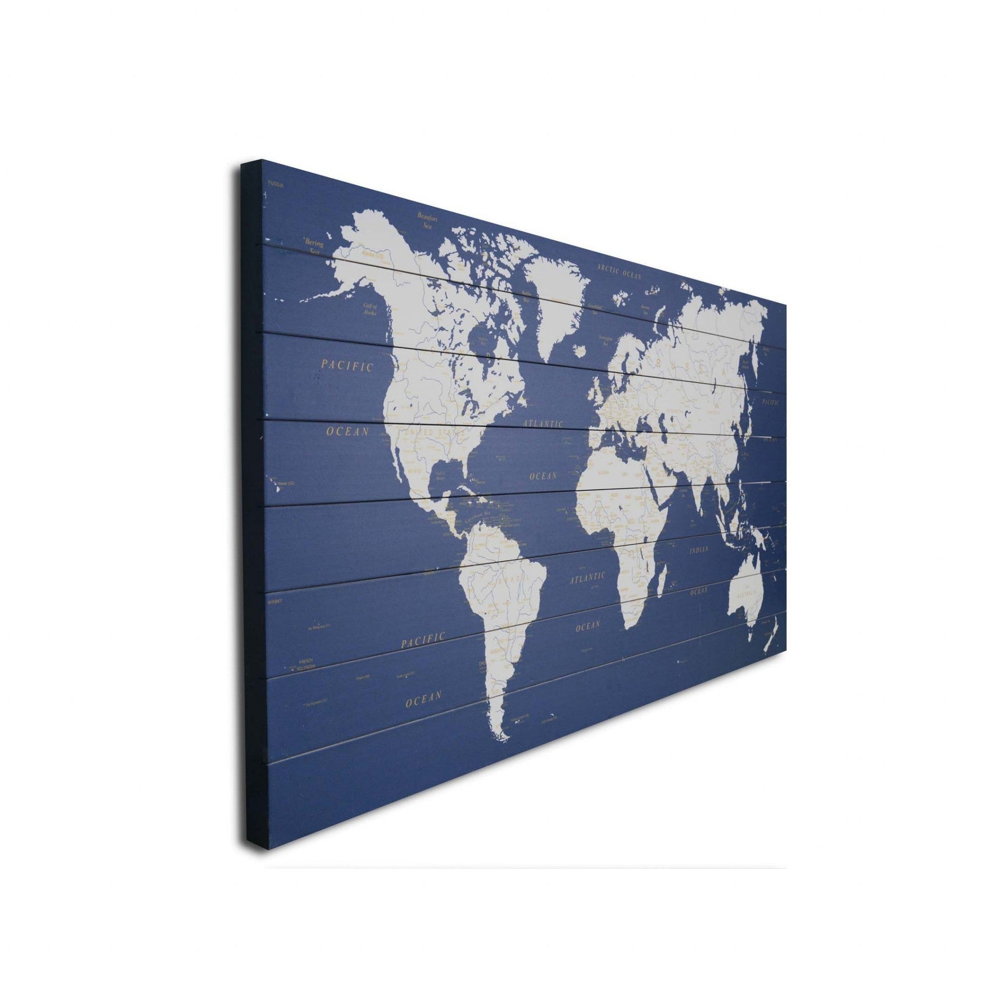 HomeRoots Blue and White World Map Wood Plank Wall Art